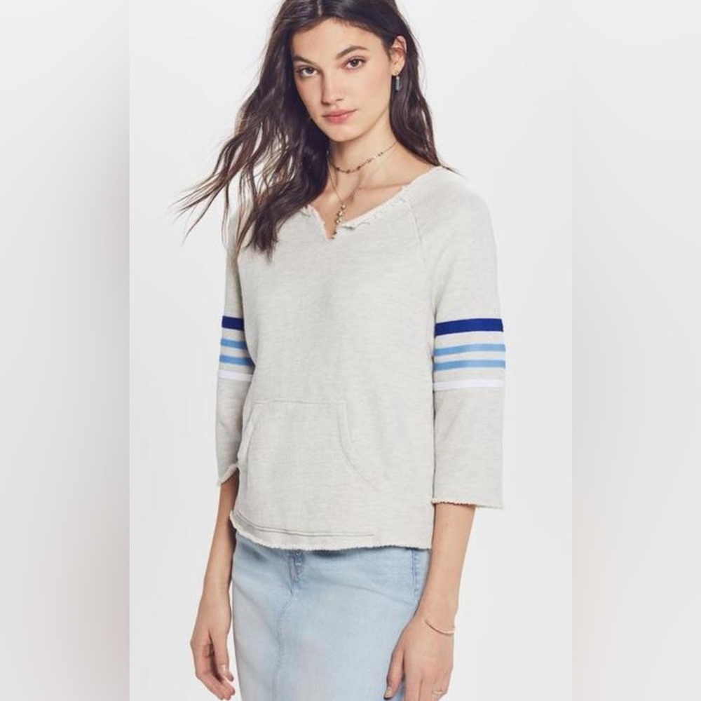 Mother The Square Tear Fray Sweatshirt in Beige Raw Hem Kangaroo Pouch Sz Large